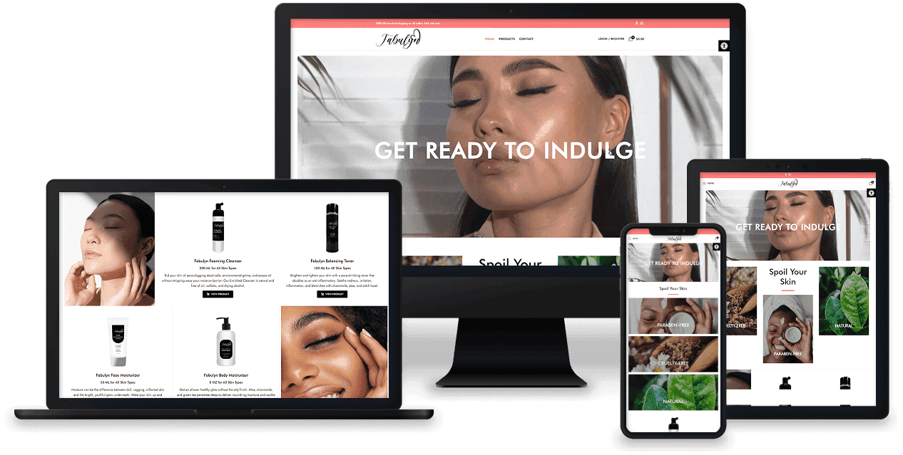 A customer skincare brand’s website shown across desktop, laptop, tablet, and phone